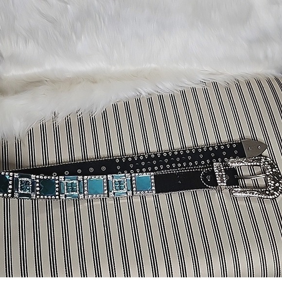 Western Women's Rhinestone Leather Belt Black Blue Silver Square Crystal Bling M - Picture 4 of 5